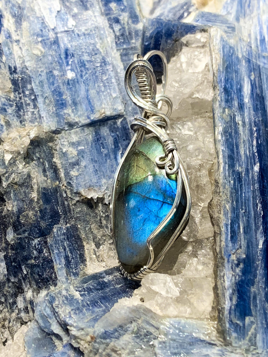 Labradorite Wire Wrap Pendant Sterling Silver Handmade