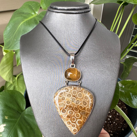 Amber & Fossil Coral Pendant in Sterling Silver