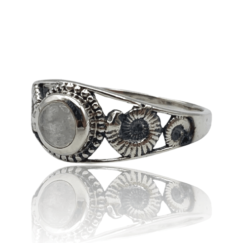 Sanchi Rings Rainbow Moonstone Ammonite Ring - Sterling Silver - Size 7